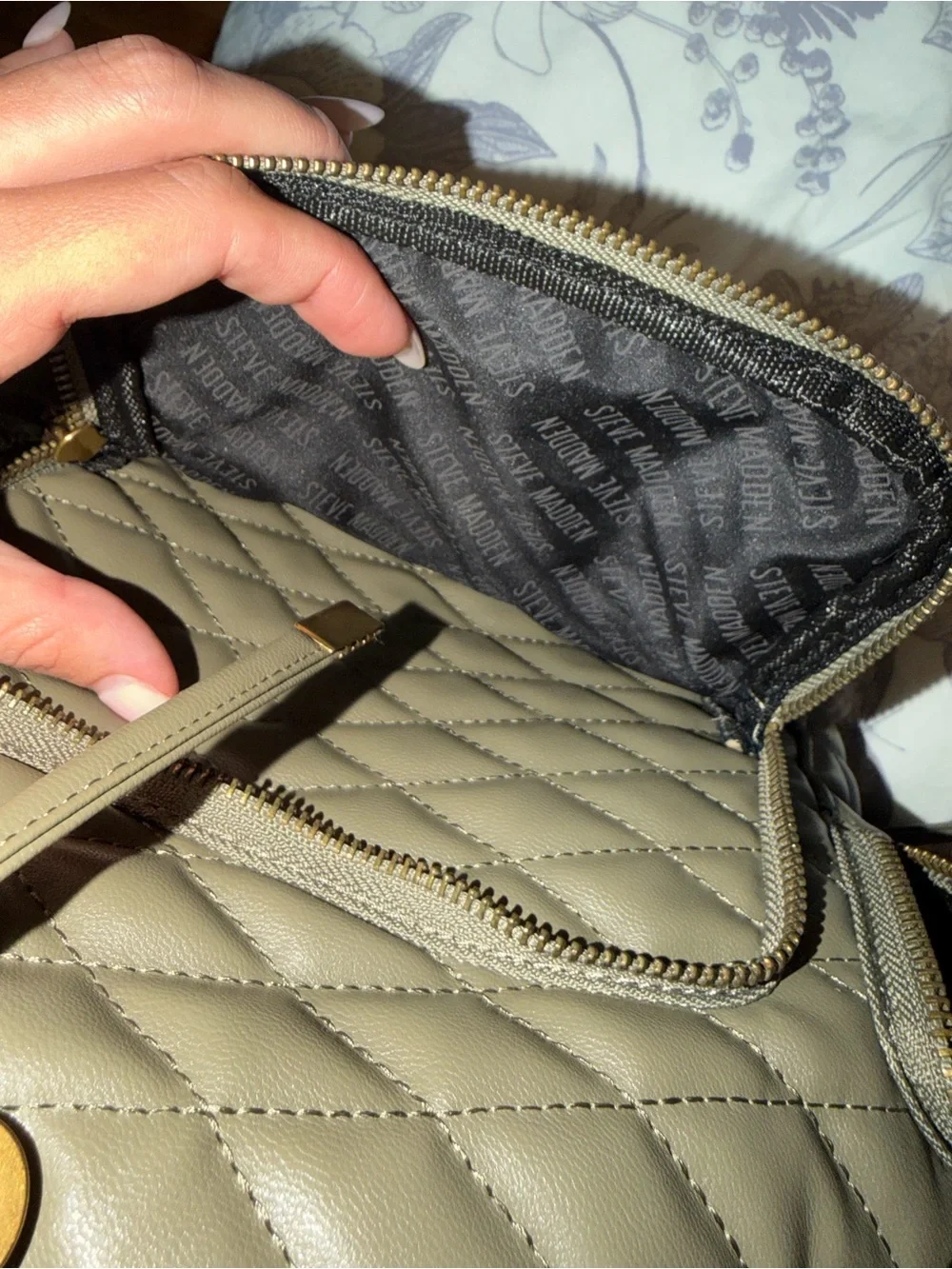 Steve Madden Quilted Olive Backpack with Gold Hardware